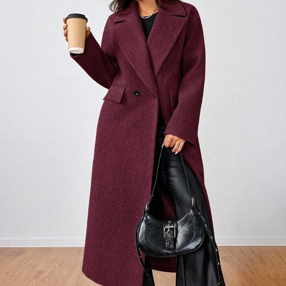 Burgundy Casual Women's Lapel Long Coat - Picture 3 of 6